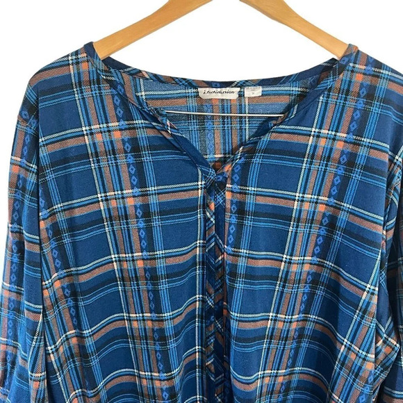 I.B. Diffusion Plaid Blouse Plus Size 3X Multicolor V Neck 3/4 Sleeves Fall Top - Picture 3 of 5